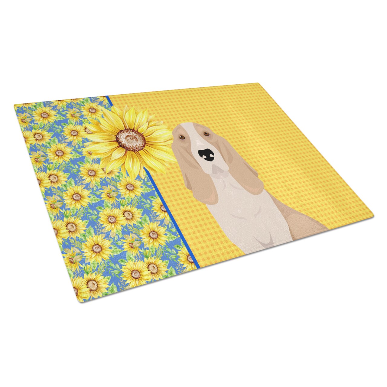 Caroline's Treasures Summer Sunflowers Lemon and White Tricolor Basset Hound Glass Cutting Board Large